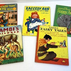 Vintage 5 Piece Wonder Books Set Fairy Tales, Raggedy Ann, Animals, Popeye